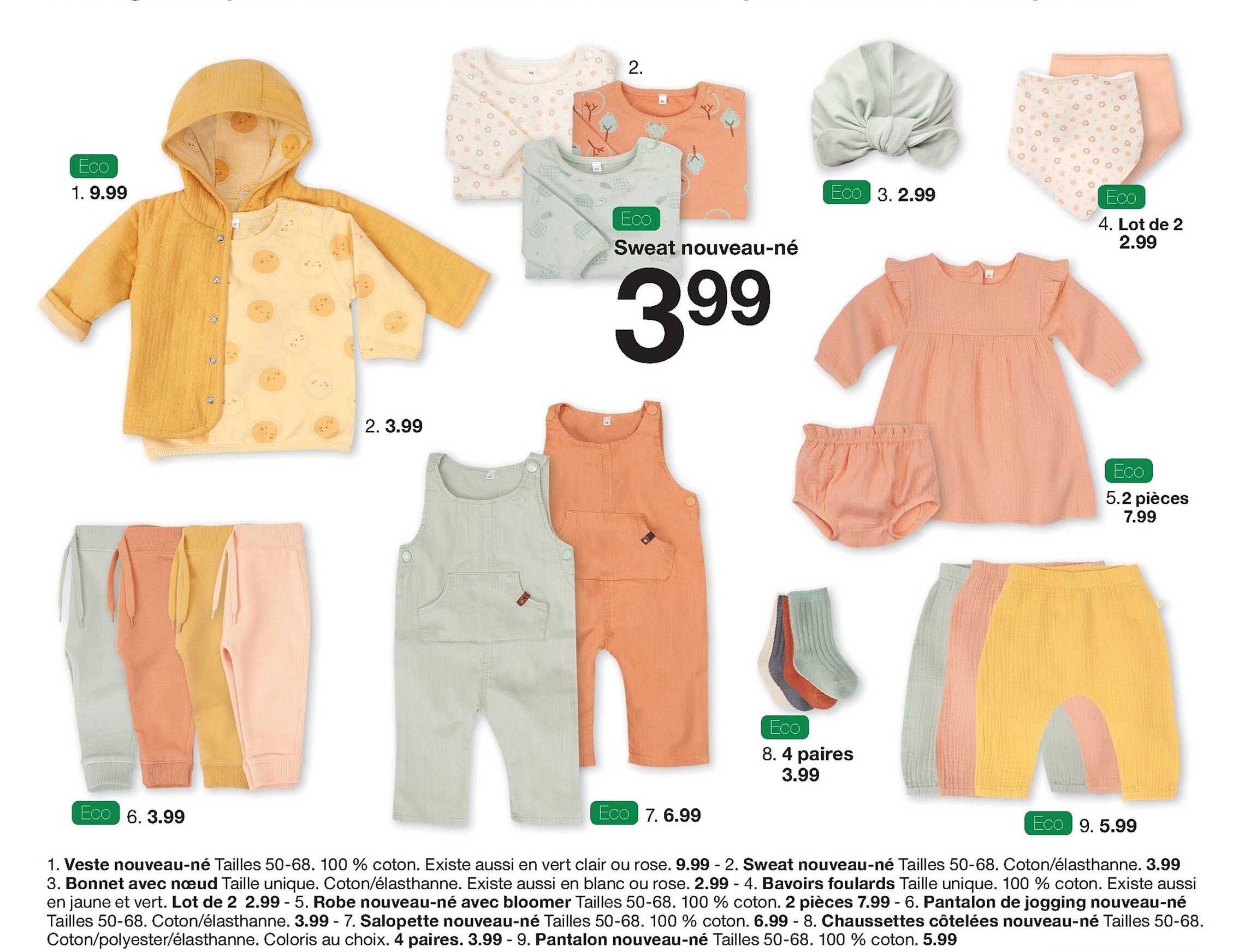 veste nouveau-né, sweat nouveau-né, bonnet avec noeud, bavoirs foulards, robe nouveau-né avec bloomer, pantalon de jogging nouveau-né, salopette nouveau-né, pantalon nouveau-né