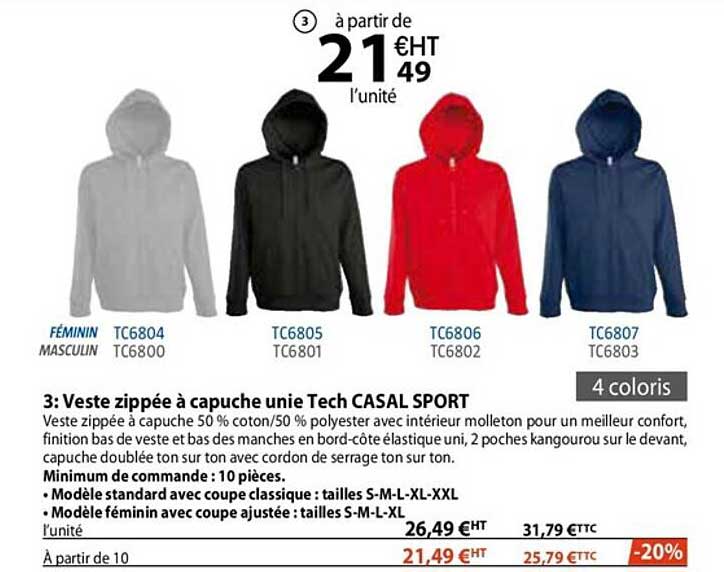 veste zippée à capuche unie tech casal sport