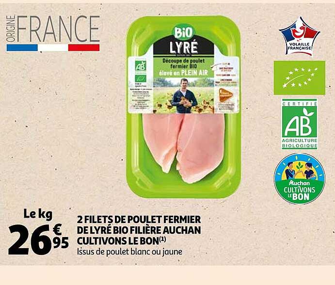 2 filets de poulet fermier de lyré bio filière auchan cultivons le bon