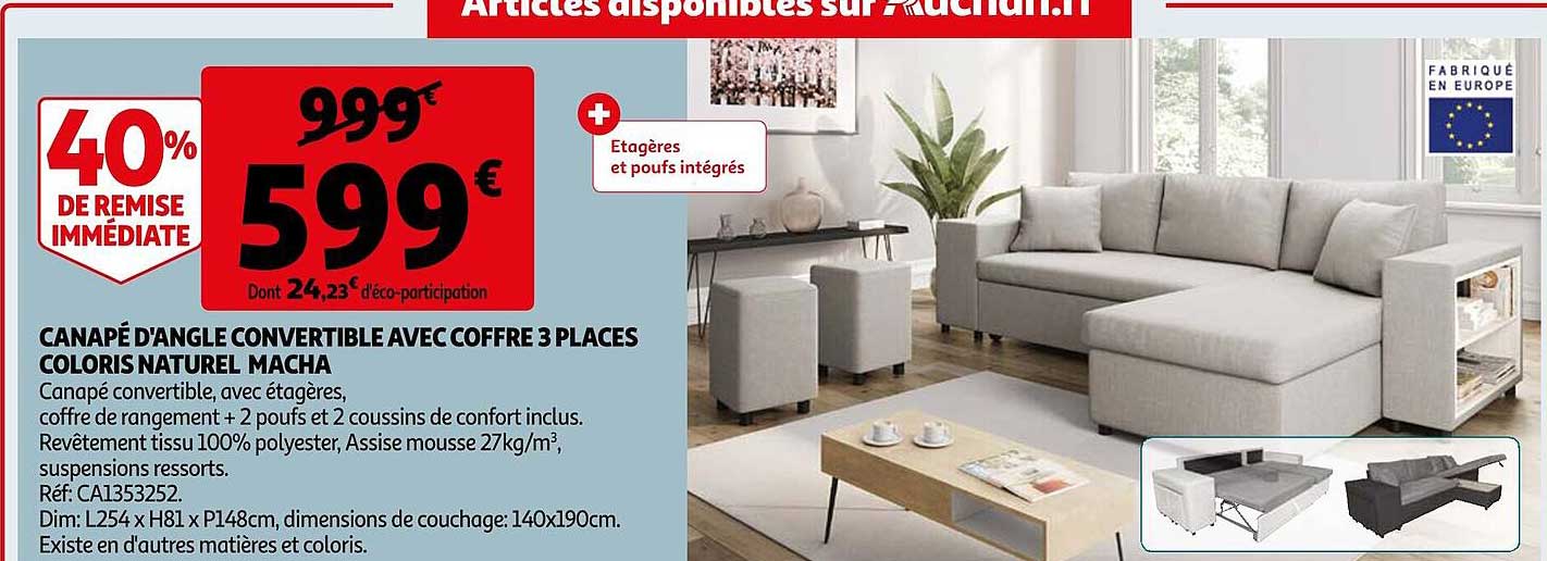 canapé d'angle convertible avec coffre 3 places coloris naturel macha