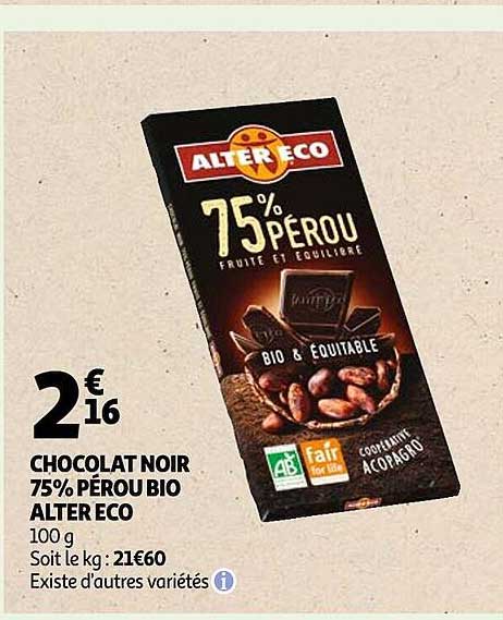 Chocolat Noir 75% Pérou Bio Alter Eco