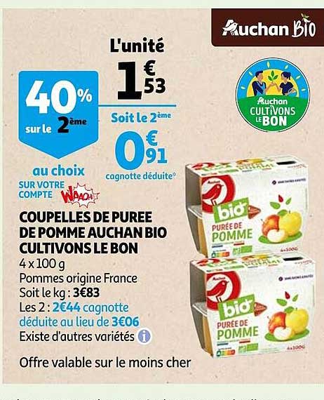 coupelles de purée de pomme auchan bio cultivons le bon