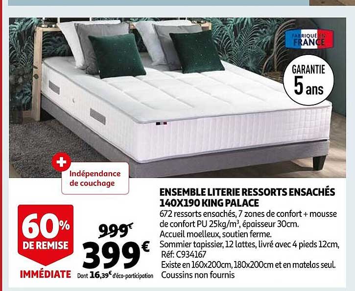 ensemble literie ressorts ensachés 140 x 190 king palace