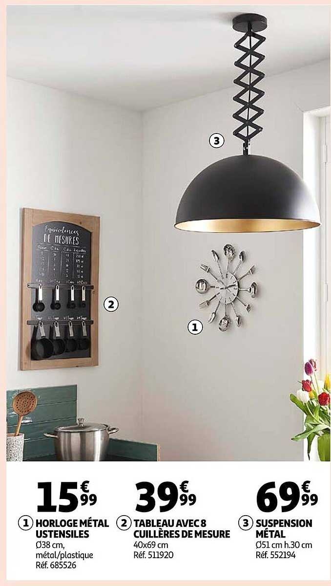 horloge métal ustensiles, tableau avec 8 cuillères de mesure, suspension métal