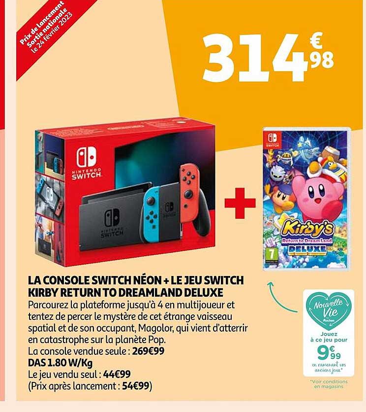 la console switch néon + le jeu switch kirby return to dreamland deluxe