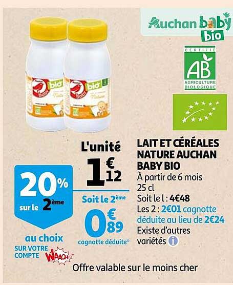 Lait Et Céréales Nature Auchan Baby Bio