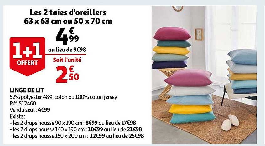 linge de lit : les 2 taies d'oreillers 63 x 63 cm ou 50 x 70 cm