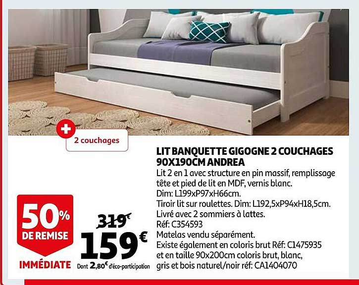 lit banquette gigogne 2 couchages 90 x 190 cm andrea