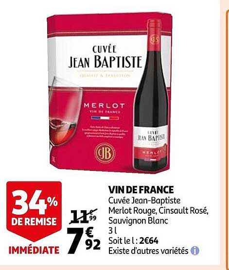 vin de france cuvée jean-baptiste merlot rouge, cinsault rosé, sauvignon blanc
