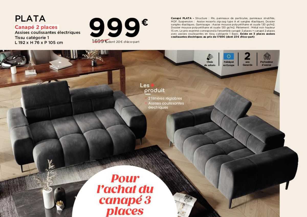 assises coulissantes électriques tissu catégorie 1 l 192 x h 76 x p 105 cm plata