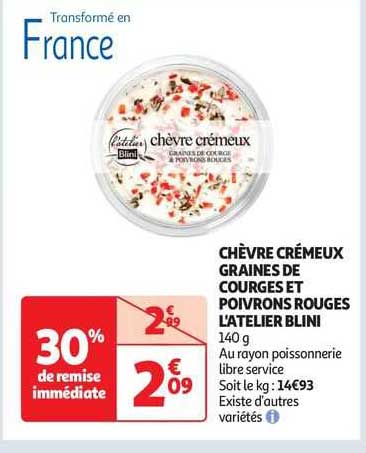 chèvre crémeux graines de courges et poivrons rouges l'atelier blini