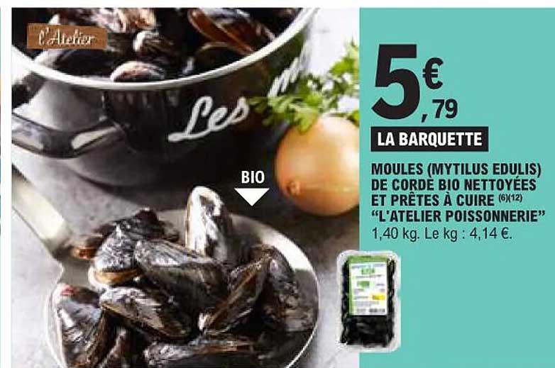 moules "myrilus edulis) de corde bio nettoyées et prêtes à cuire "l'atelier poissonnerie"
