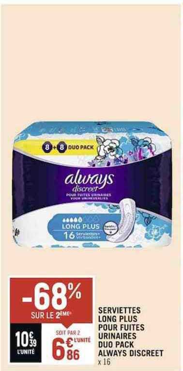 serviettes long plus pour fuites urinaires duo pack always discreet