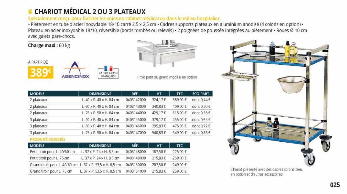 chariot médical 2 ou 3 plateaux agencinox