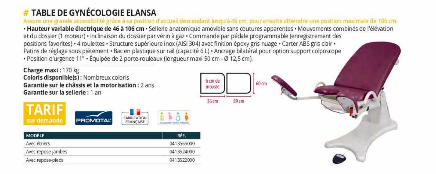 table de gynécologie elansa promotal