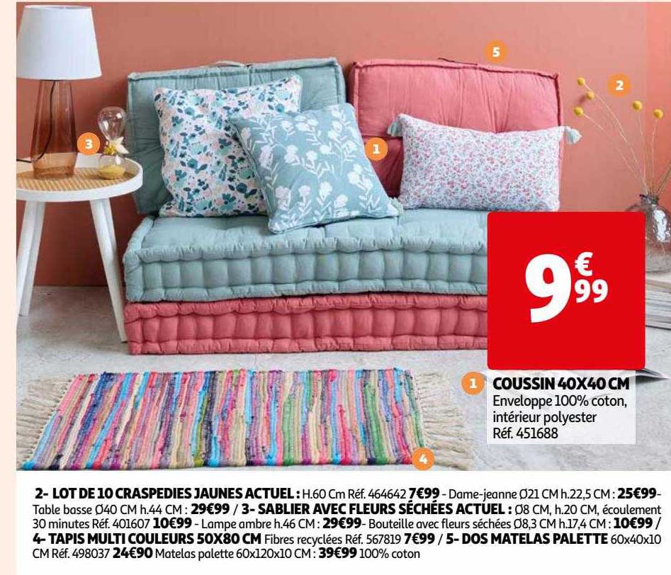 coussin 40 x 40 cm, lot de 10 craspedies jaunes actuel, sablier avec fleurs séchées actuel, tapis multi couleurs 50 x 80 cm, dos matelas palette