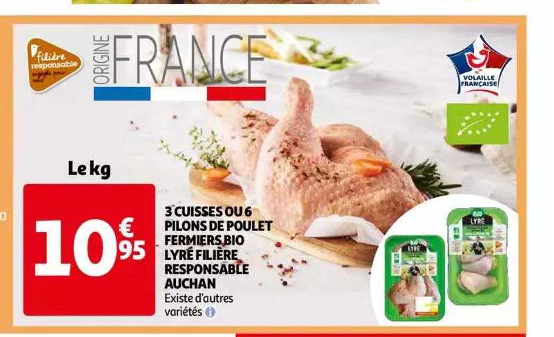 3 cuisses ou 6 pilons de poulet fermiers bio lyré filière responsable auchan