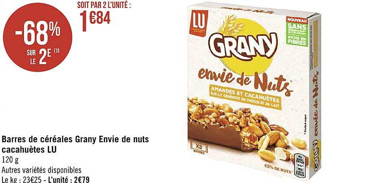 barres de céréales grany envie de nuts cacahètes lu