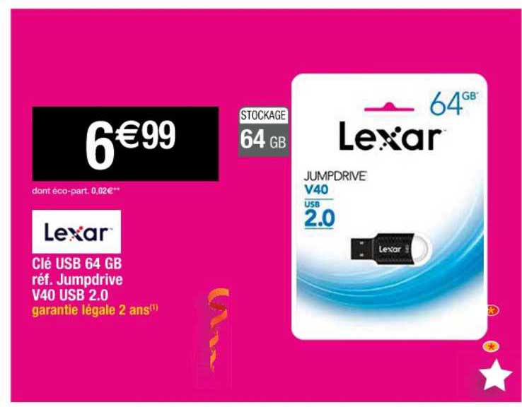 clé usb 64 gb jumpdrive v40 usb 2.0 lexar