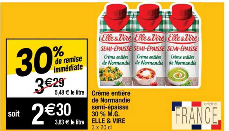 crème entière de normandie semi-épaisse 30% m.g. elle & vire