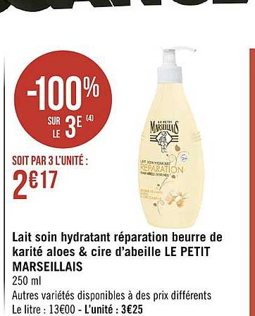 lait soin hydratant réparation beurre de karité aloés & cire d'abeille le petit marseillais