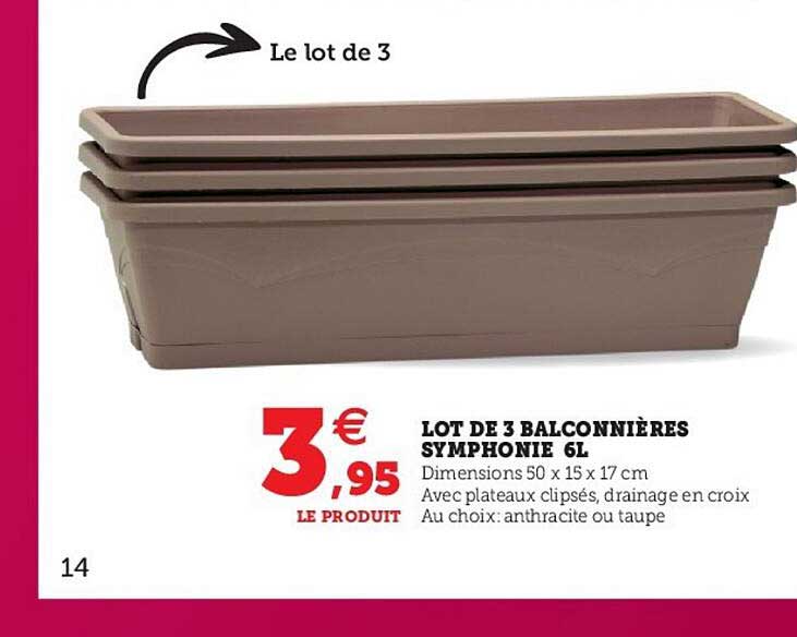 lot de 3 balconnières symphonie 6l