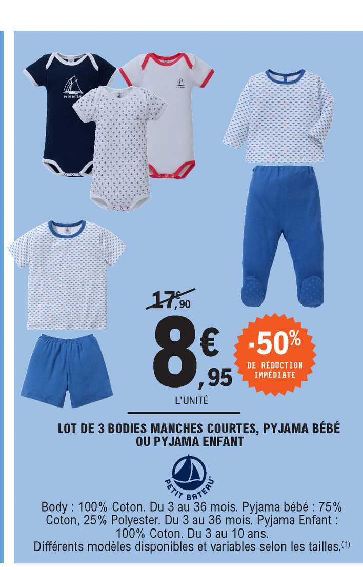 lot de 3 bodies manches courtes, pyjama bébé, ou pyjama enfant petit bateau