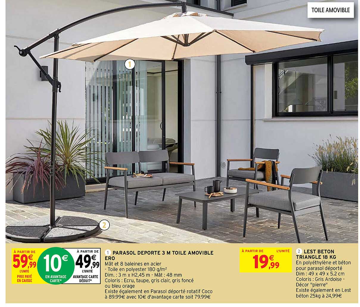 parasol déporté 3 m toile amovible ero, lest beton triangle 18 kg