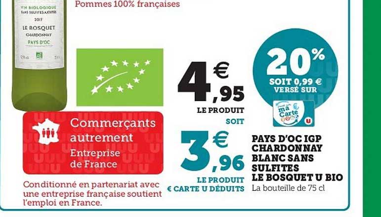 pays d'oc igp chardonnay blanc sans sulfites le bosquet u bio
