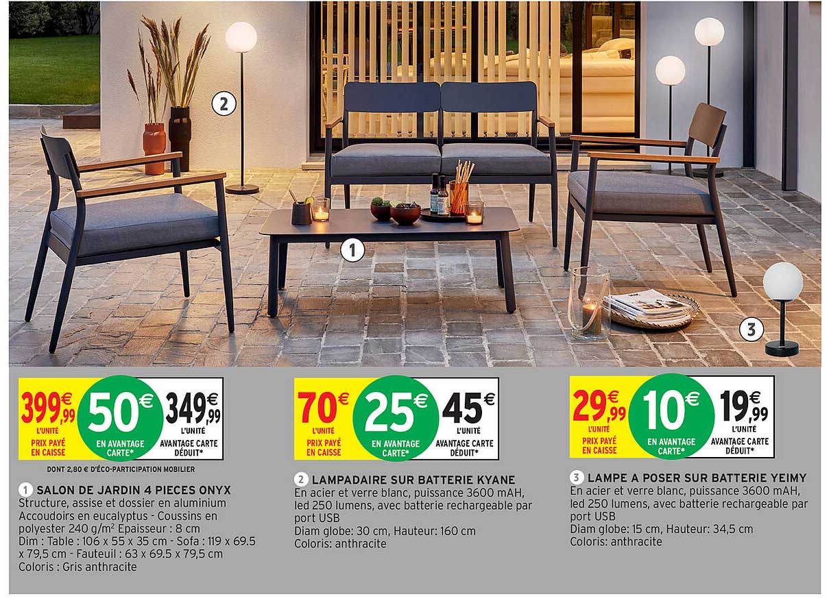 Salon De Jardin 4 Pièces Onyx, Lampadaire Sur Batterie Kyane, Lampe à Poser Sur Batterie Yeimy