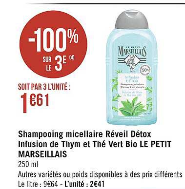 Shampooing Micellaire Réveil Détox Infusion De Thym Et Thé Vert Bio Le Petit Marseillais