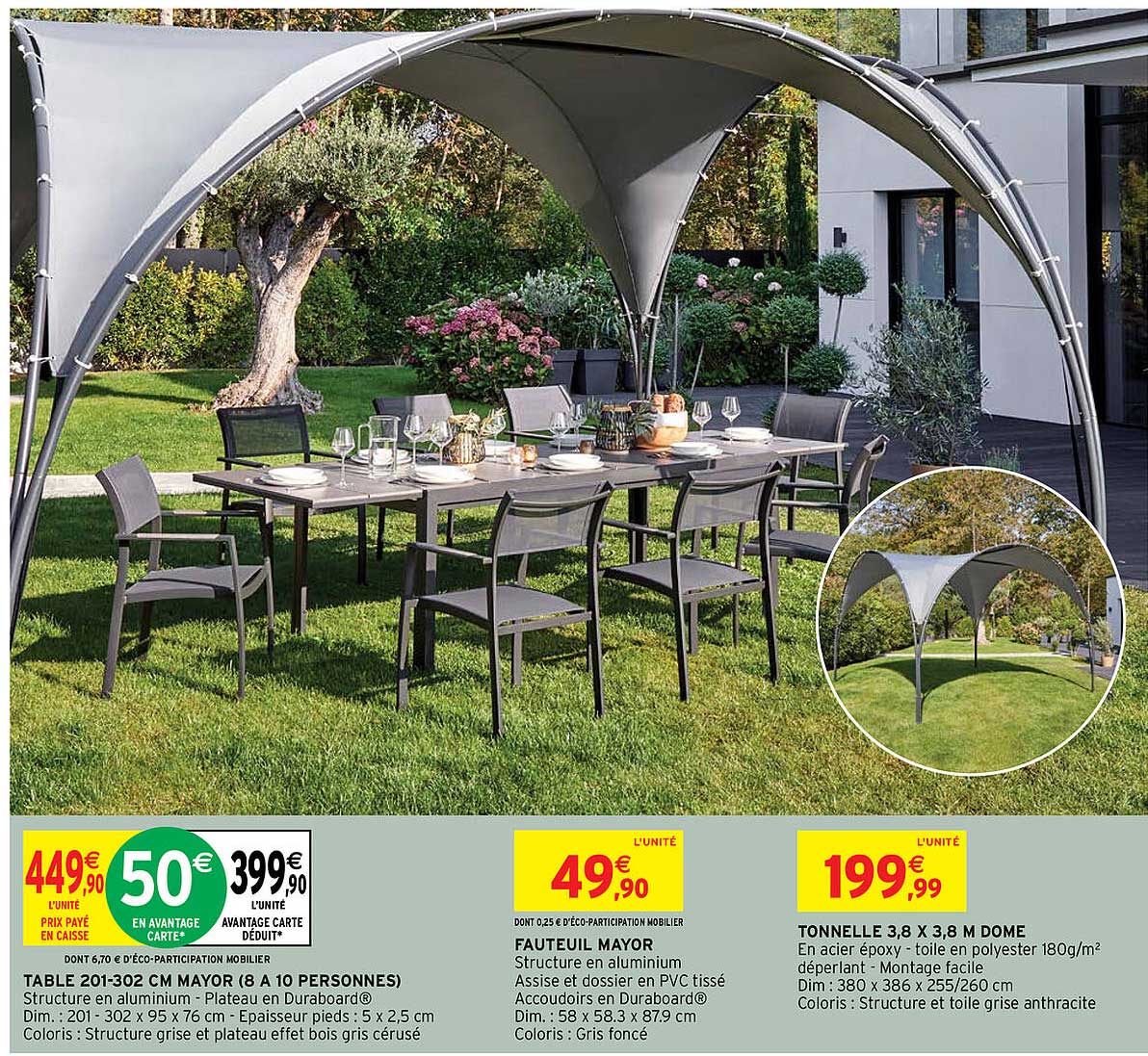 table 201-302 cm mayor (8 à 10 personnes), fauteuil mayor, tonnelle 3,8 x 3,8 dome