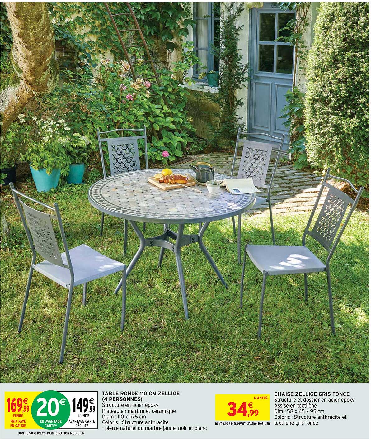 table ronde 110 cm zellige (4 personnes), chaise zellige gris foncé