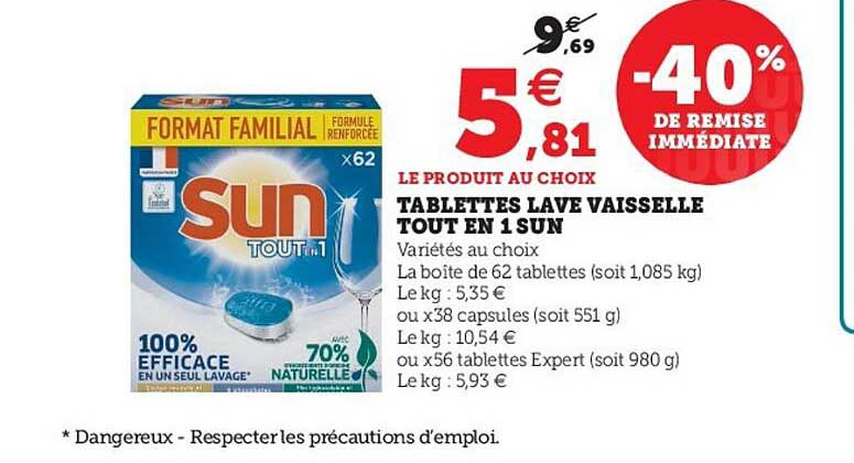 tablettes lave vaisselle tout en 1 sun
