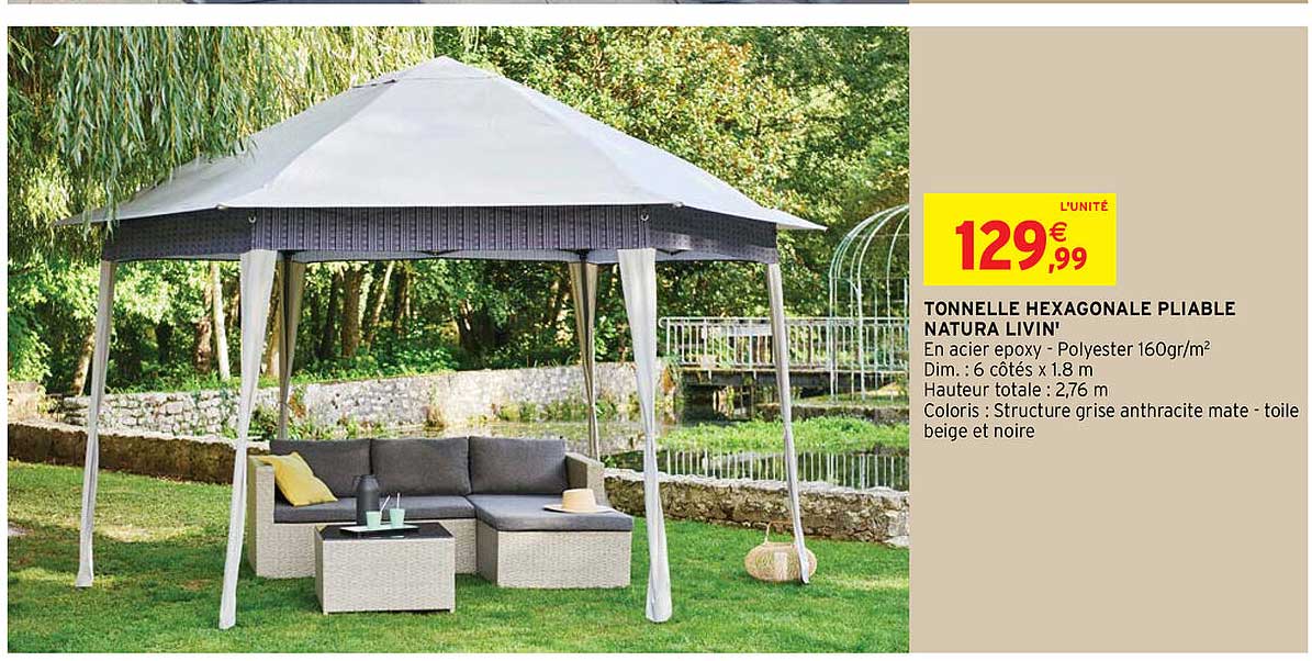 tonnelle hexagonale pliable natura livin'