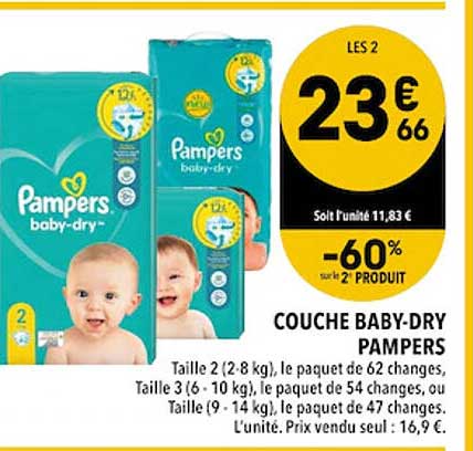 couche baby-dry pampers -60% sur le 2ème produit