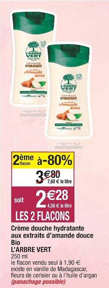crème douche hydratante aux extraits d'amande douce bio l'arbre vert