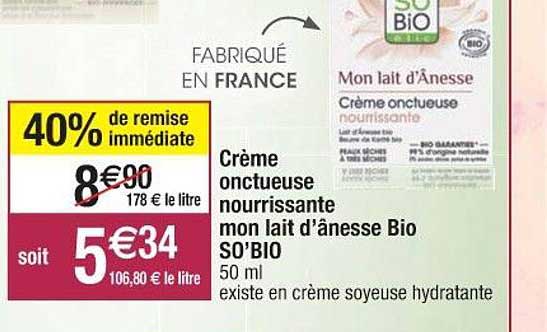 crème onctueuse nourrissante mon lait d'ânesse bio so'bio