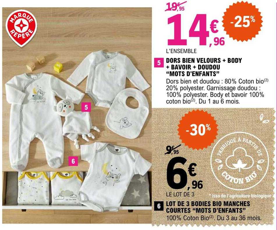 dors bien velours + body + bavoir + doudou "mots d'enfants", lot de 3 bodies bio manches courtes "mots d'enfants"