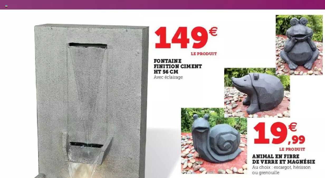 fontaine finition ciment ht 56 cm, animal en fibre de verre et magnésie