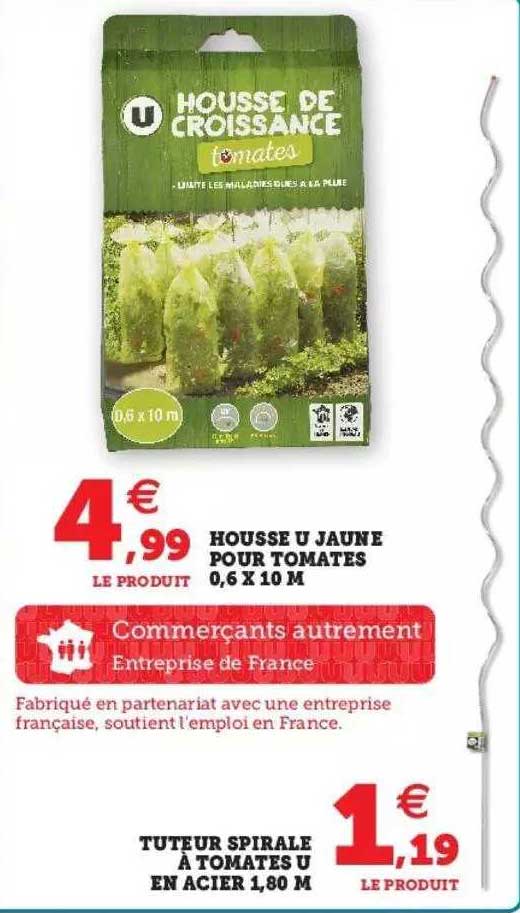 gousse u jaune pour tomates 0,6 x 10 m, tuteur spirale à tomates u en acier 1,80 m