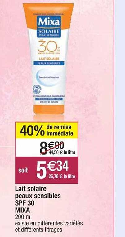 lait solaire peaux sensibles spf 30 mixa