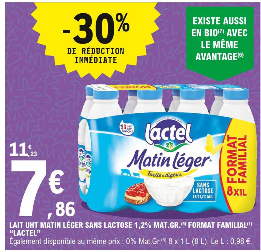 lait uht matin léger sans lactose 1,2% mat. gr. format familial "lactel"
