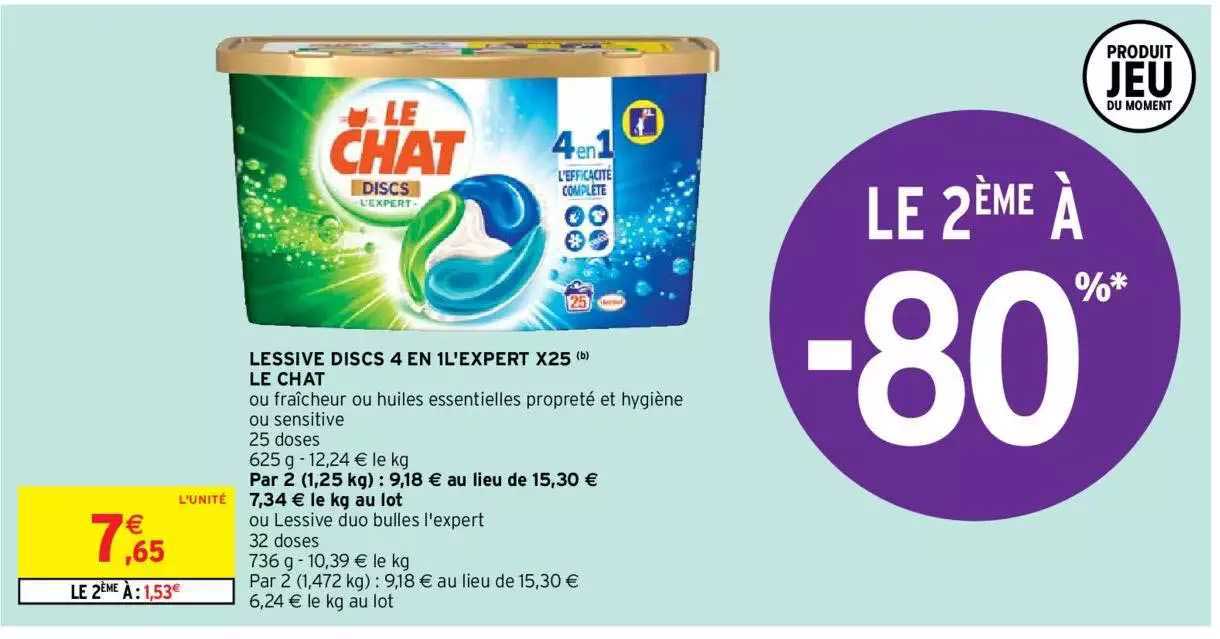 lessive discs 4 en 1l'expert x25 le chat  le 2ème à -80%