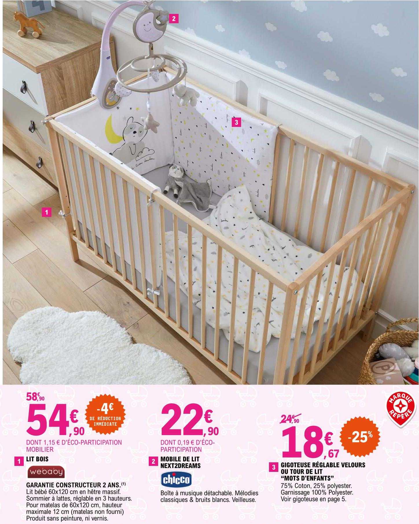 lit bois webaby, mobile de lit next2dreams chicco, gigoteuse réglable velours ou tour de lit "mots d'enfants"