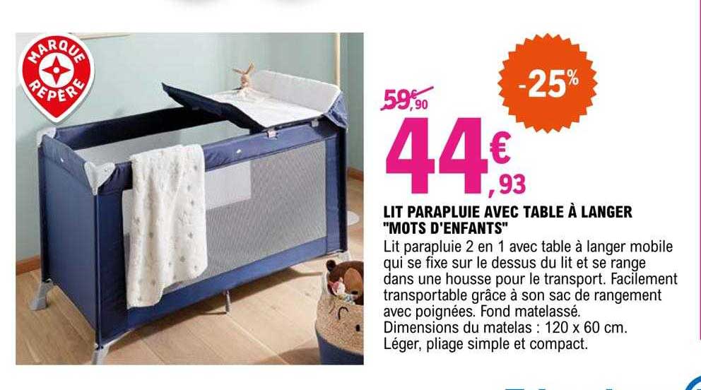 lit parapluie avec table à langer "mots d'enfants"