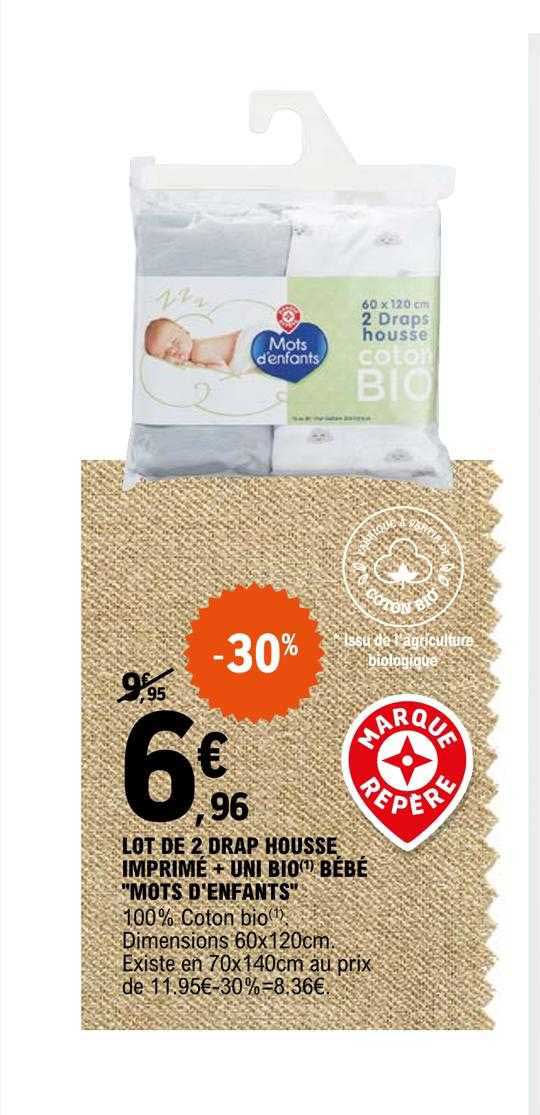 lot de 2 drap housse imprimé + uni bio bébé "mots d'enfants"