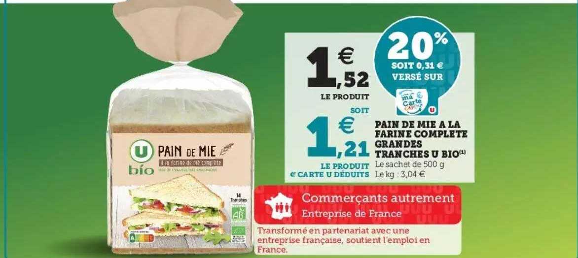 pain de mie à la farine complète grandes tranches u bio