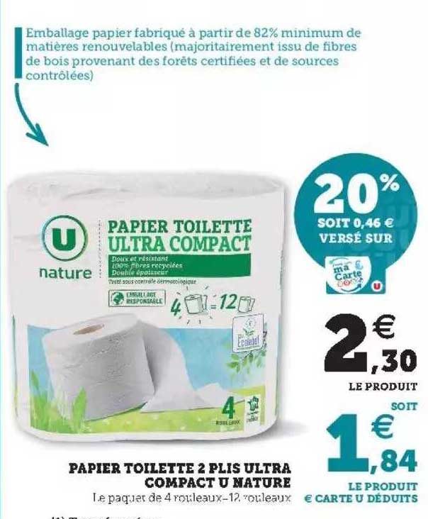 papier toilette 2 plis ultra compact u nature