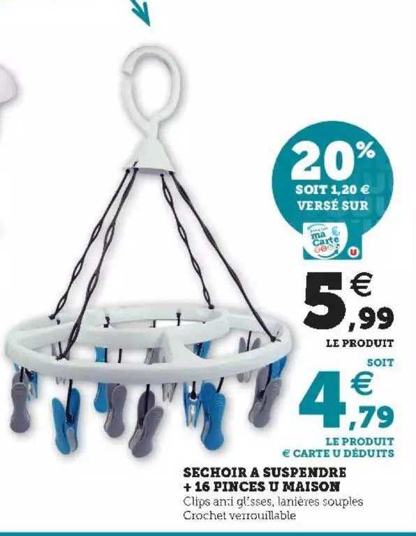 Séchoir à Suspendre + 16 Pinces U Maison